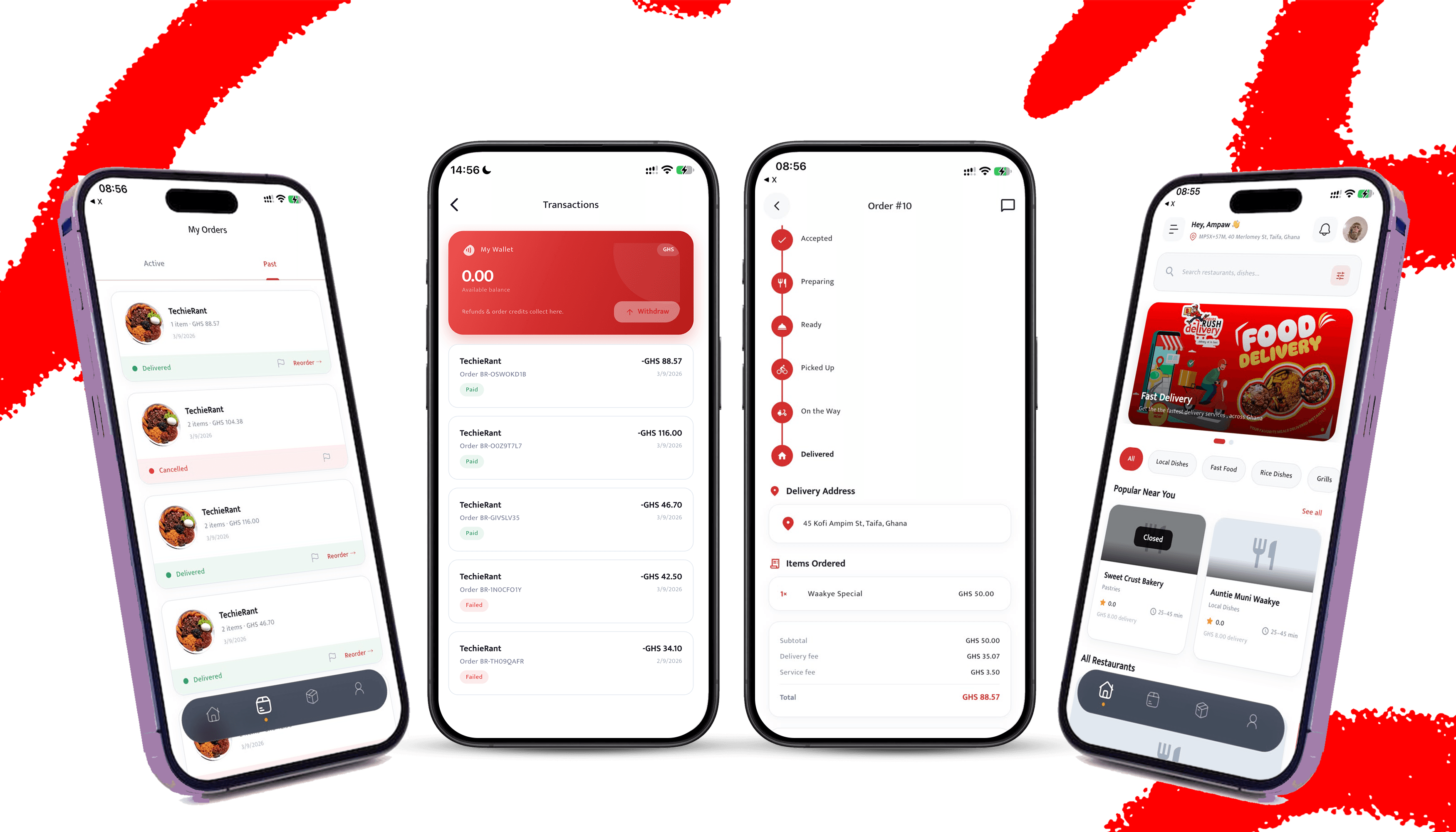 BagyesRUSH customer app screens — orders, wallet, order tracking, and home feed