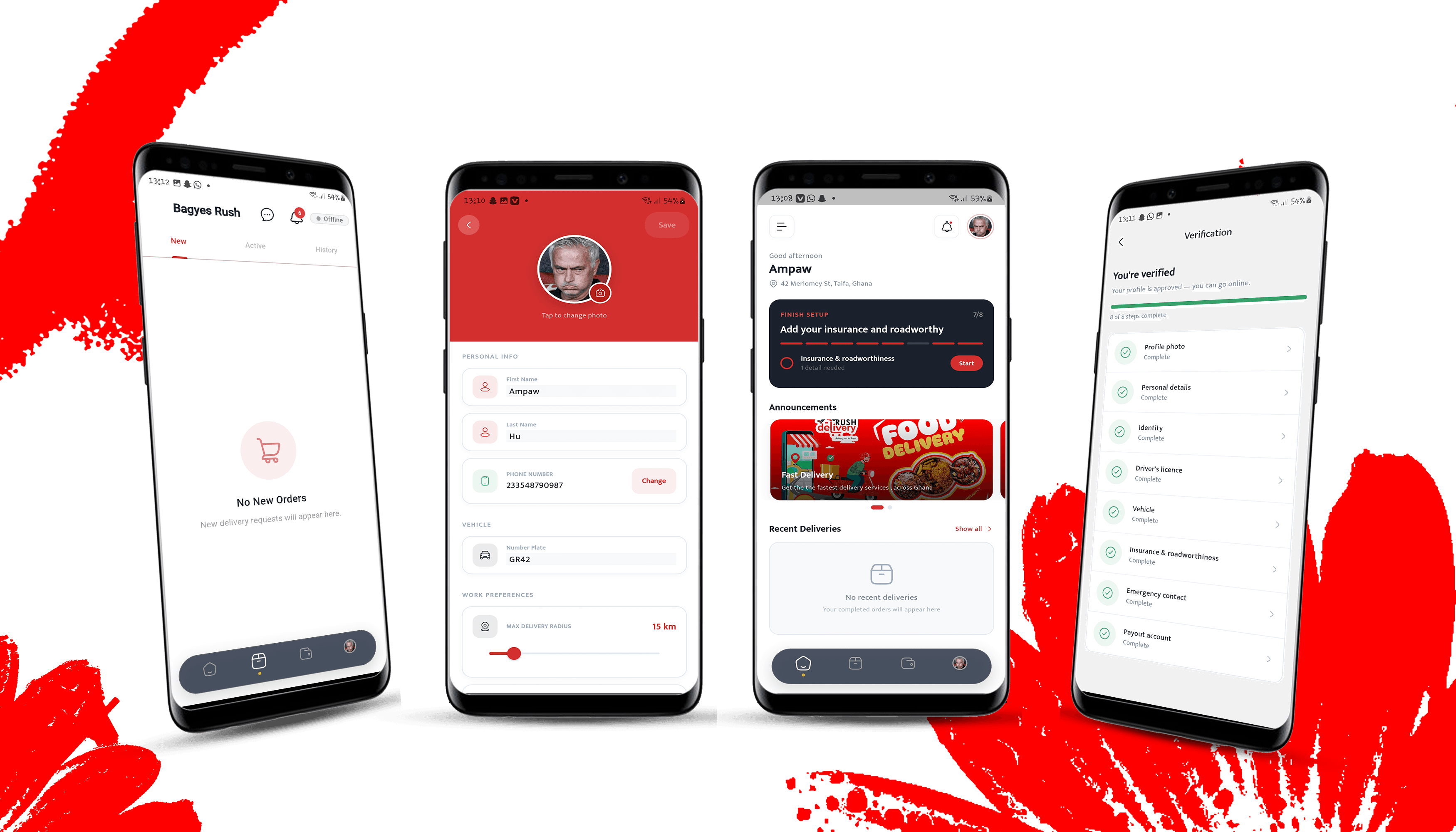 BagyesRIDER app screens — new delivery requests, profile setup, dashboard, and verification