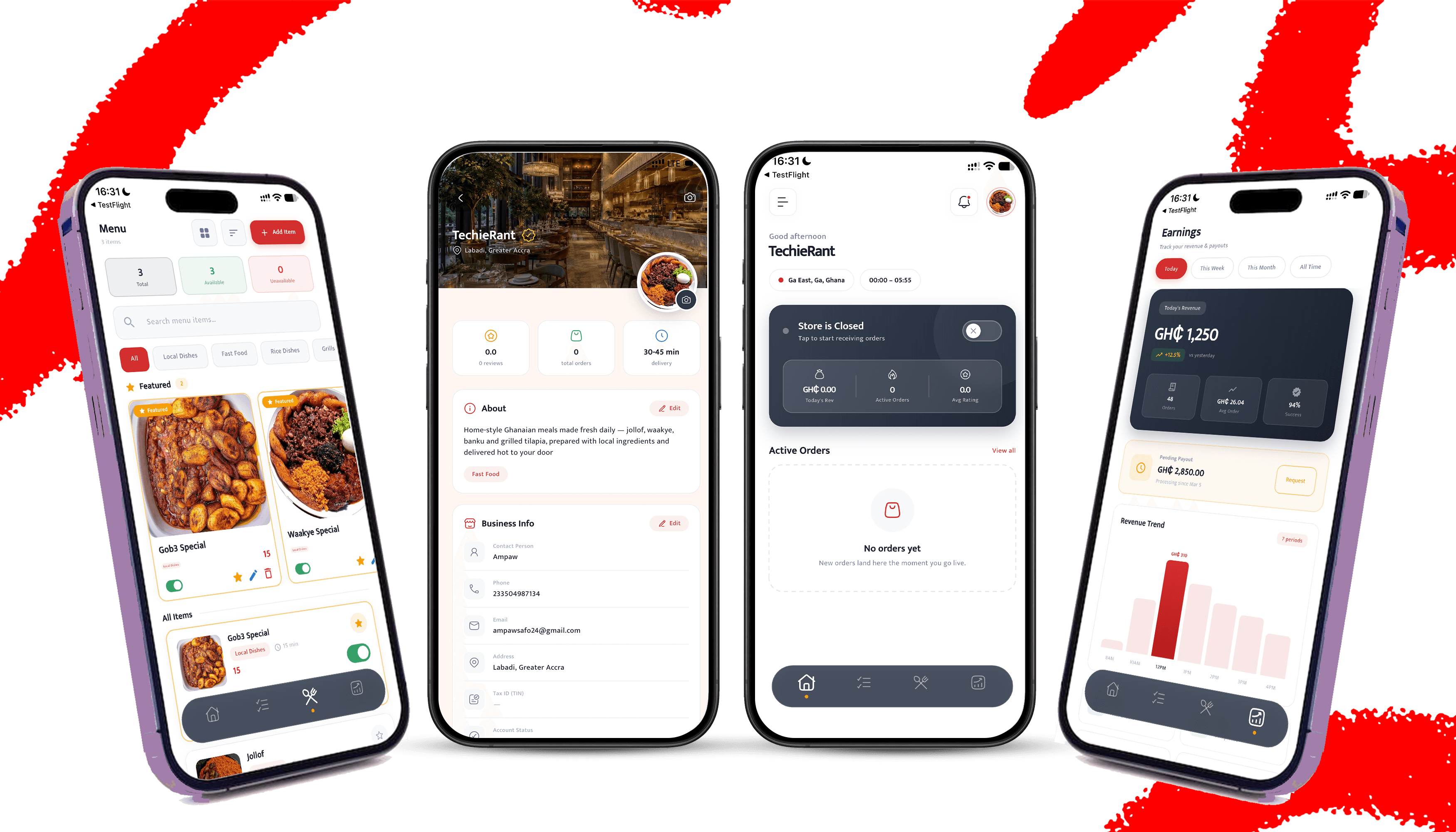 BagyesRUSH vendor app screens — menu management, restaurant profile, orders, and earnings